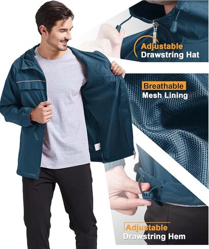 GEEK LIGHTING Mens Waterproof Hooded Rain Jacket Lightweight Raincoat for Outdoor Hiking Running Travel in Saudi Arabia