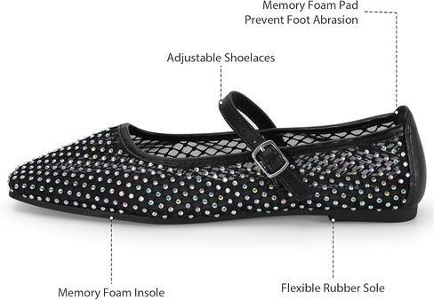mazeskin Womens Mesh Memory Foam Ballet Flats Square Toe Shoes Ladies Comfortable Buckle Strap Ballerina Shoes with Rhinestone in Saudi Arabia