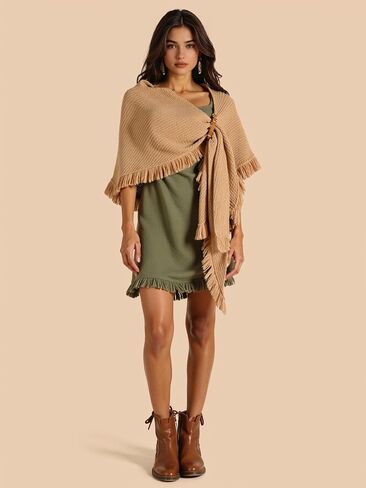 MCJC Knit Poncho Wrap Shawl with Fringe Tassel Trim, Medieval Renaissance Style Cape in Saudi Arabia