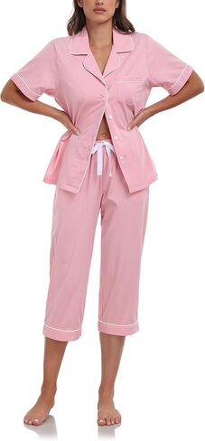 ANLIQI Womens Capri Pajamas Sets 100% Cotton Button Up Short Sleeve Top & Capri Pants Pjs Summer Sleepwear with Pockets in Saudi Arabia