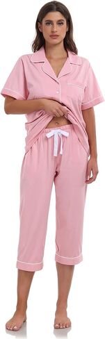 ANLIQI Womens Capri Pajamas Sets 100% Cotton Button Up Short Sleeve Top & Capri Pants Pjs Summer Sleepwear with Pockets in Saudi Arabia