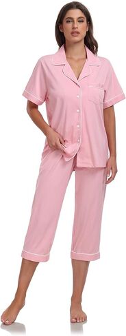 ANLIQI Womens Capri Pajamas Sets 100% Cotton Button Up Short Sleeve Top & Capri Pants Pjs Summer Sleepwear with Pockets in Saudi Arabia