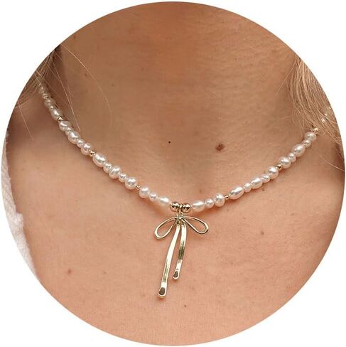 Dainty Bow Gold Necklace for Women Non Tarnish 14k Gold Plated Pendant Necklaces Trendy Cute Simple Charm Herringbone Bow Pearl Chain Necklace Gold Jewelry for Women Birthday Gift in Kuwait
