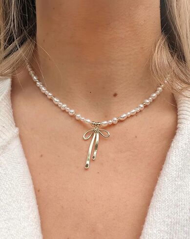 Dainty Bow Gold Necklace for Women Non Tarnish 14k Gold Plated Pendant Necklaces Trendy Cute Simple Charm Herringbone Bow Pearl Chain Necklace Gold Jewelry for Women Birthday Gift in Kuwait