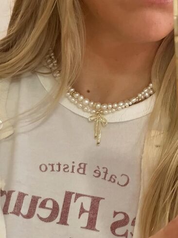 Dainty Bow Gold Necklace for Women Non Tarnish 14k Gold Plated Pendant Necklaces Trendy Cute Simple Charm Herringbone Bow Pearl Chain Necklace Gold Jewelry for Women Birthday Gift in Kuwait