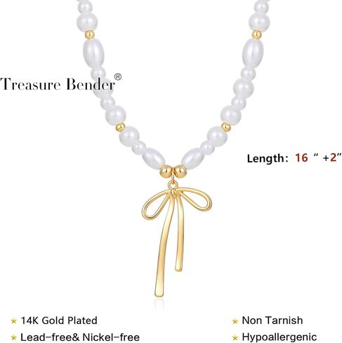 Dainty Bow Gold Necklace for Women Non Tarnish 14k Gold Plated Pendant Necklaces Trendy Cute Simple Charm Herringbone Bow Pearl Chain Necklace Gold Jewelry for Women Birthday Gift in Kuwait