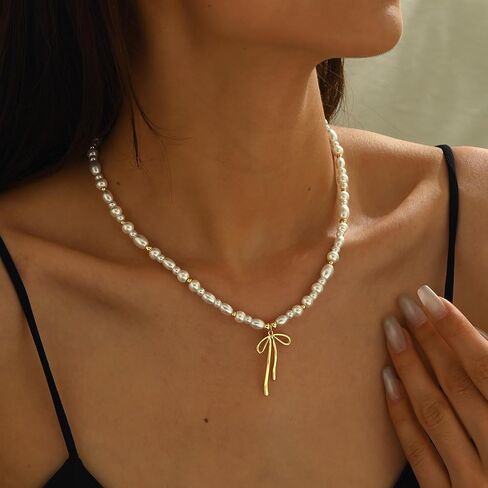 Dainty Bow Gold Necklace for Women Non Tarnish 14k Gold Plated Pendant Necklaces Trendy Cute Simple Charm Herringbone Bow Pearl Chain Necklace Gold Jewelry for Women Birthday Gift in Kuwait