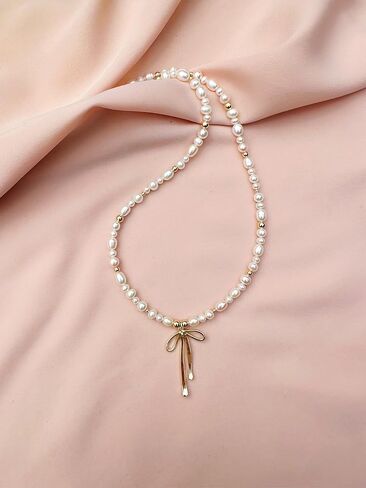 Dainty Bow Gold Necklace for Women Non Tarnish 14k Gold Plated Pendant Necklaces Trendy Cute Simple Charm Herringbone Bow Pearl Chain Necklace Gold Jewelry for Women Birthday Gift in Kuwait