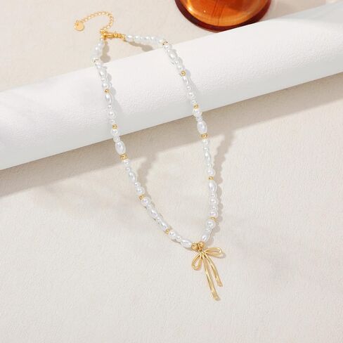 Dainty Bow Gold Necklace for Women Non Tarnish 14k Gold Plated Pendant Necklaces Trendy Cute Simple Charm Herringbone Bow Pearl Chain Necklace Gold Jewelry for Women Birthday Gift in Kuwait