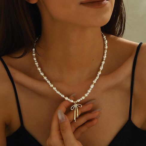 Dainty Bow Gold Necklace for Women Non Tarnish 14k Gold Plated Pendant Necklaces Trendy Cute Simple Charm Herringbone Bow Pearl Chain Necklace Gold Jewelry for Women Birthday Gift in Kuwait