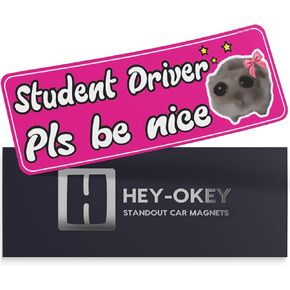 Student Driver Magnet for Car - Funny Cute Hamster Please Be Patient Reflective Magnetic Bumper Sticker - Removable Novice Rookie Safety Caution Sign - Weather-Resistant - 10 x 3.5 in - Pink