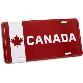 Pickwicks Canada License Plate - Metal Stamped Canadian Maple Leaf Flag Car Tag Sign, White