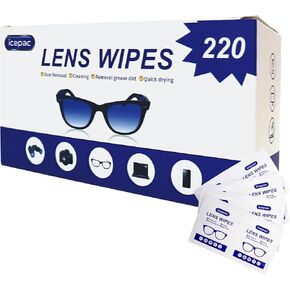 Lens Wipes for Eyeglasses - 220 Pre-Moistened Individual Wrapped Eye Glasses Cleaning Wipes | Glasses Cleaner Safely Cleans Glasses, Sunglasses, Phone Screen, Electronics & Camera Lens