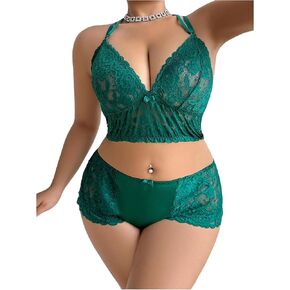 MakeMeChic Women's Plus Size Lingerie Sets Lace Bow Cut Out Scallop Trim Bra and Panty Set