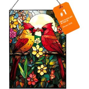 W10 x H15 Cardinal Stained Glass Suncatcher – Handcrafted Red Bird Sun Catcher for Indoor Windows, Stained Glass Window Hanging for Nature Lovers, Painted Glass Panel Decor, Ideal Gift for Women