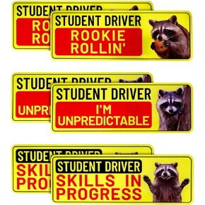 6pcs Funny Student Driver Car Magnets, Cute Reflective New Driver Signs Weatherproof Removable Magnetic Bumper Safety Stickers for Novice (Raccoon)