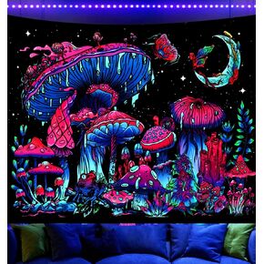 Onivein Blacklight Mushroom Tapestry Glow in the Dark Fantasy Plant Tapestry UV Reactive Moon Butterfly Frog Tapestries Poster Wall Hanging for Bedroom Aesthetic 59.1 x 51.2 Inches