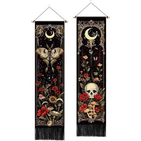 ARTCREATOR Pack of 2 Witchy Gothic Wall Bedroom Decor Moth Moon Tapestry Skull Mushroom Vertical Tapestries Retro Floral Flowers Tapestries for Bedroom Aesthetic Alt Room (12.8 x 51.2 inches)