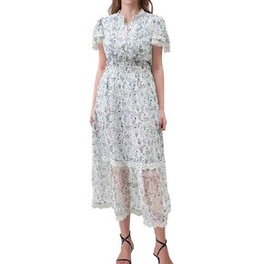 Women's Summer Floral Midi Dress Button Down V Neck Short Sleeve Lace Flowy Wedding Guest Dresses with Pockets