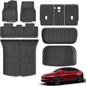 9PCS Full Set of Floor Mats for New 2025 2026 Tesla Model Y Juniper 5-Seats All Weather TPE Front Rear Trunk Cargo Liner Backrest Mats Frunk Mat Accessories Black