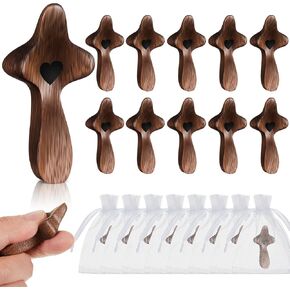 Threehoney 40 Pcs Cross My Heart, Encouragement Gift Small Wooden Handheld Pocket Crosses in Bulk with Organza Bag Wood Fingertip Stress Fidget Relief Religious Craft for Christians Prayer Church