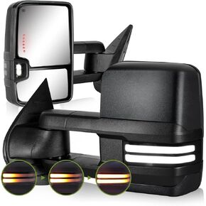 Switchback Towing Mirrors for 2007-2013 Chevy Silverado Avalanche Suburban Tahoe/GMC Sierra Yukon Side Mirrors with Power Heated Dynamic Signal Running Light Pair Set(Chrome)