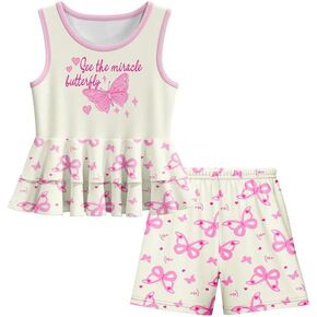 LQSZ Toddler Girl Clothes Set Summer Outfits Sleeveless Dress Top Loose Print Short Set for Kids 3-12 Years