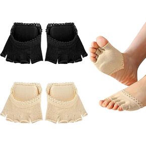 2 Pairs Open Five Toes Half Socks, Forefoot Pads Half Socks, Women Lace Toeless Socks, Breathable Sweat-Absorbent Peep Toe Socks, Anti Slip No Show Socks for Heels Sandals Flat Shoes(Black, Skin)