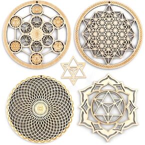 5.31" Sacred Geometry Wall Art 4 PCS Set, (Metatron Cube, 64 Tetrahedron, Torus, Merkaba) Crystal Grid Meditation Chakra Wooden Wall Art Yoga Decor Spiritual Gifts