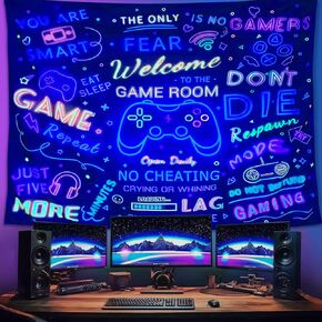 ARTCREATOR Black Light Gaming Tapestry, Welcome To The Game Room Sign For Gaming Room Wall Decor For Boys, Cool UV Reactive Tapestries Wall Decor for Bedroom (29" x 37")