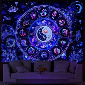 Lahasbja Blacklight Constellation Tapestry UV Sun Sun and Moon Tapestries الروحية Zodiac Astrology جدار الجدار مخدر جدار جدار ديكور الصوفي يين يانغ الجدار معلق لغرفة النوم