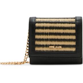Anne Klein Womens Mini Flap Straw Wallet with Detachable Mini Chain Strap, Natural-Black/Black