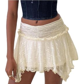 Women Y2k Lace Slip Mini Skirt Underskirt Flowy Pleated Asymmetrical Ruffle Mesh Short Skirt Going Out Fairy Skirts