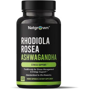 Natgrown Rhodiola Rosea مع كبسولات استخراج الجذر Ashwagandha - موحدة إلى 3 ٪ من Rosavins و 1 ٪ Salidroside - 120 Count