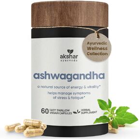 AKSHAR Ayurveda - Ashwagandha Capsules with Ashwagandha Root Extract and Powder - Adaptogenic Herbal Support - Vegan Cruelty-Free Ashwagandha Supplements (60 Count)