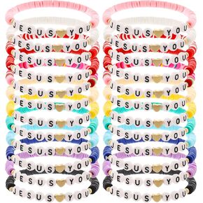 Taouzi 24Pcs 𝐉𝐞𝐬𝐮𝐬 𝐋𝐨𝐯𝐞𝐬 𝐘𝐨𝐮 Bracelets Bulk Handmade Clay Beads 𝐁𝐢𝐛𝐥𝐞 𝐕𝐞𝐫𝐬𝐞 Bracelets Christian Jesus Loves You Jewelry Christmas Easter Gifts for Women Men