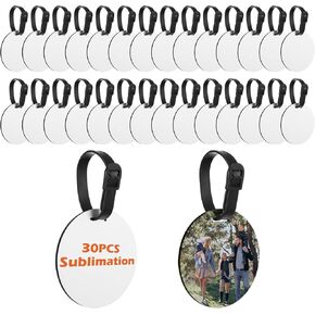 30 Pcs Sublimation Blanks Luggage Tag Round Bulk MDF with Belt White Sublimation Blank Products Travel Bag Name ID Card Luggage Tags with Double-Sided Keychains Sublimation Bag Tags