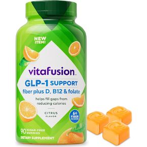 تدعم Vitafusion GLP-1 الألياف بالإضافة إلى الفيتامينات D و B12 وفيتامينات الفولات الصمغية ونكهة الحمضيات وخالية من السكر و 90 يوم و 30 يومًا