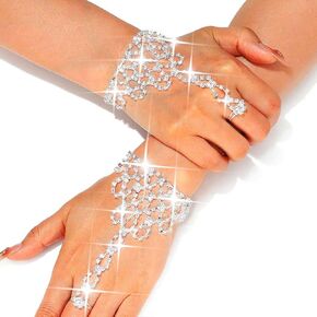 GORTIN Rhinestone Fingerless Gloves Silver Wedding Glove Crystal Glitter Gloves Prom Hand Chain Accessories for Women