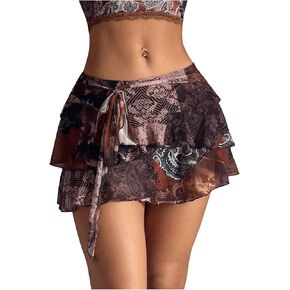 Milumia Women's Vintage Paisley Print Knot Side Tiered Layered Ruffle Mini Skirts