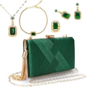 5 Pcs Clutch Purses for Women Jewelry Set Handbag with Necklace Earrings Ring Bracelet Vintage Banquet Handbag with Detachable Chain for Wedding Party Gift Supplies(Green)