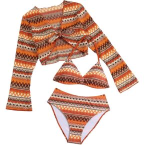 SHENHE Girl's 3 Piece Geometric Swimsuit Halter Triangle High Waisted Bikini Set with Cover Up