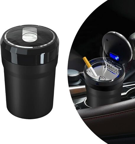Car Ashtray with Lid, Detachable Smokeless Cylinder Cup Holder Ashtray with LED Light, Portable Vehicle Ashtray Smell Proof Trash Can for Car Home Office, Car Accessories (Black, Large) in Kuwait