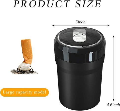 Car Ashtray with Lid, Detachable Smokeless Cylinder Cup Holder Ashtray with LED Light, Portable Vehicle Ashtray Smell Proof Trash Can for Car Home Office, Car Accessories (Black, Large) in Kuwait