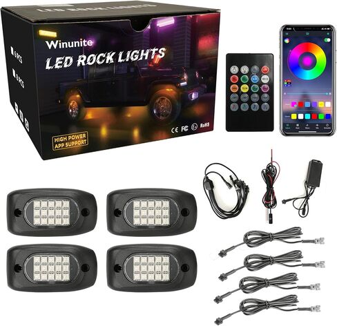 Winunite 4 Pods RGB Rock Lights 12V, Waterproof Music Mode APP/Remote Control Multicolor Underglow Light Kit Wheel Well Lights for Off Road Trucks SUV ATV UTV Trailer Boats in Saudi Arabia