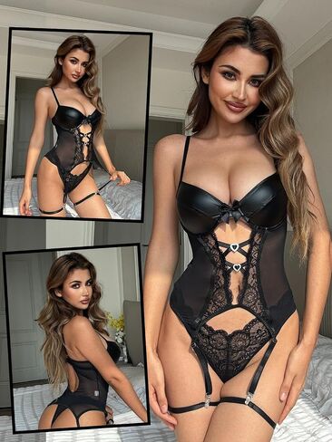 Aranmei Womens Sexy Lingerie Sets with Garter Belt Teddy Bodysuit Leather Underwire and Panty Set in Kuwait