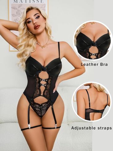 Aranmei Womens Sexy Lingerie Sets with Garter Belt Teddy Bodysuit Leather Underwire and Panty Set in Kuwait