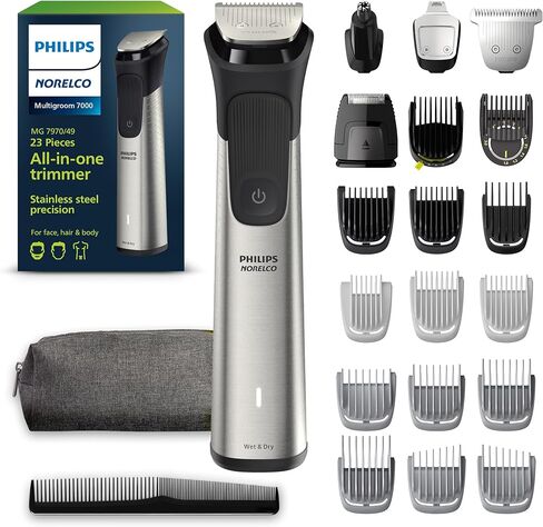 Philips Norelco Multi Groomer - 25 Piece Mens Grooming Kit for Beard, Body, Face, Nose, and Ear Hair Trimmer,Shaver, and Clipper with Premium Storage Case - NO Blade Oil Needed, MG7770/49 in Saudi Arabia