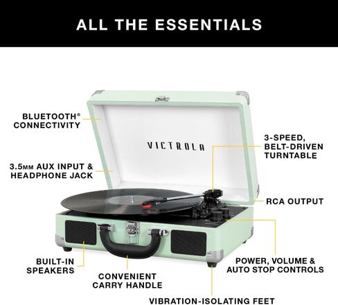 Victrola Vintage 3-Speed Bluetooth Portable Suitcase Record Player with Built-in Speakers | Upgraded Turntable Audio Sound| Includes Extra Stylus | Light Gray in Saudi Arabia