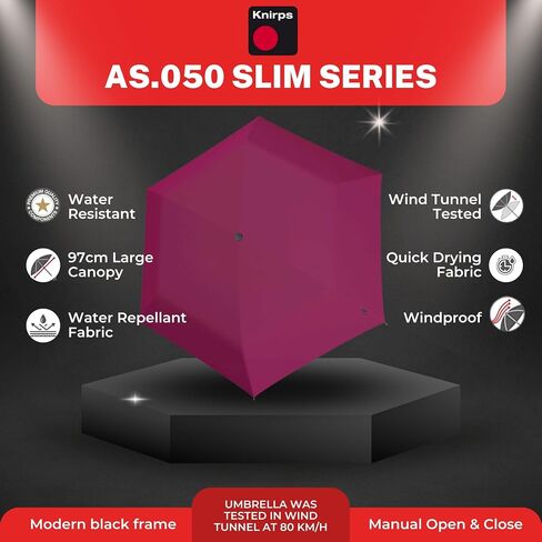 Knirps AS.050 Slim Manual Folding Rain Umbrella in Violet– 38" Lightweight Fiberglass 6-Rib Pocket Canopy, Ultra-Compact 6.7oz Travel Size Design, Durable Steel Frame, Travel Case Included in Saudi Arabia